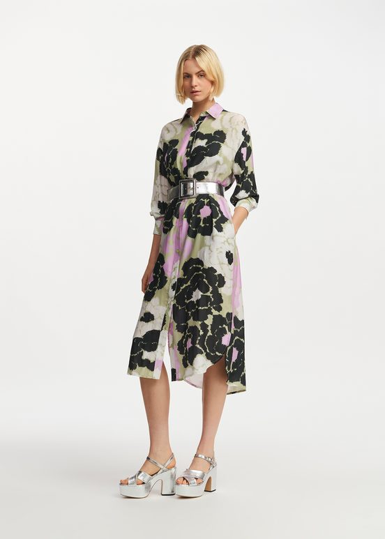 Light khaki silk shirt dress with floral print