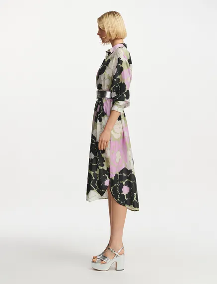 Light khaki silk shirt dress with floral print