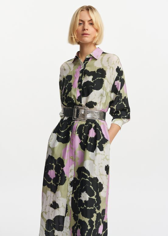 Light khaki silk shirt dress with floral print