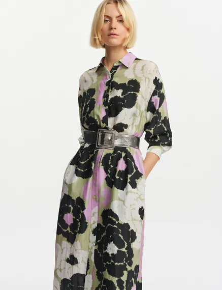 Light khaki silk shirt dress with floral print