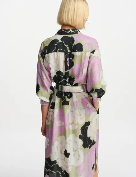 Khakifarbenes Seidenhemdkleid mit Blumenprint