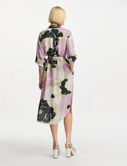 Khakifarbenes Seidenhemdkleid mit Blumenprint