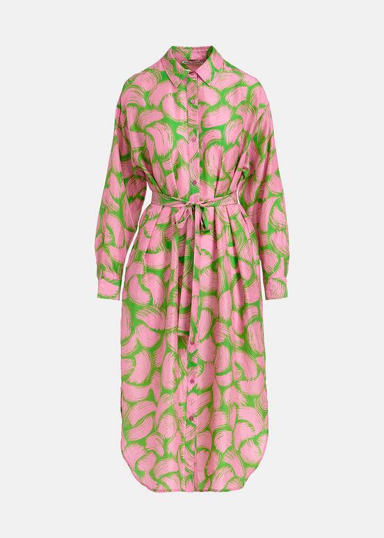 Green and light pink silk shirt dress with abstract print