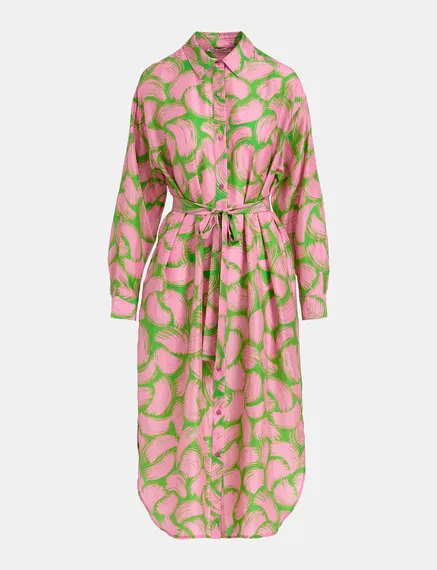 Green and light pink silk shirt dress with abstract print