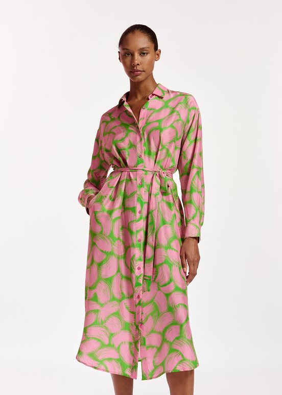 Green and light pink silk shirt dress with abstract print