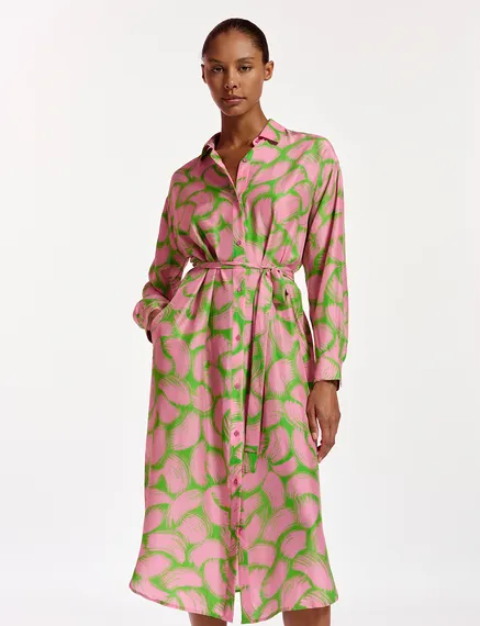 Green and light pink silk shirt dress with abstract print