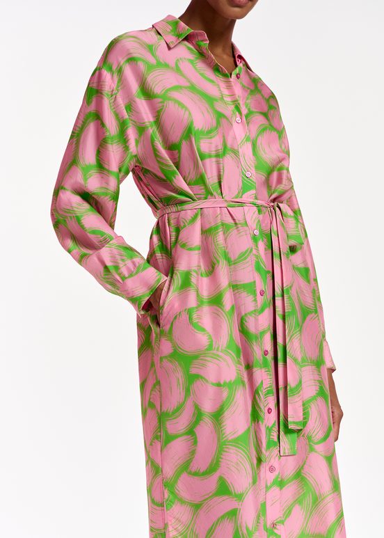 Green and light pink silk shirt dress with abstract print