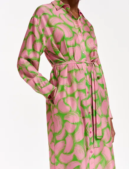 Green and light pink silk shirt dress with abstract print