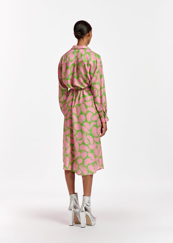 Green and light pink silk shirt dress with abstract print