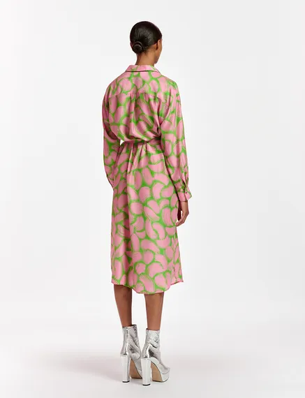 Green and light pink silk shirt dress with abstract print