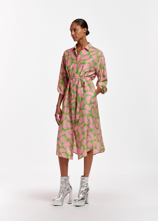 Green and light pink silk shirt dress with abstract print