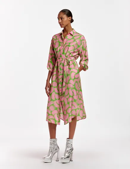 Green and light pink silk shirt dress with abstract print