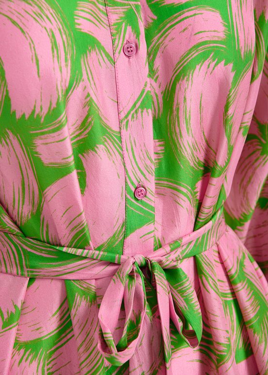 Green and light pink silk shirt dress with abstract print