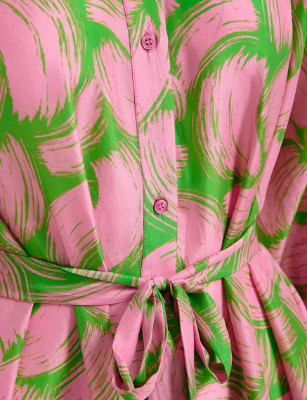 Green and light pink silk shirt dress with abstract print