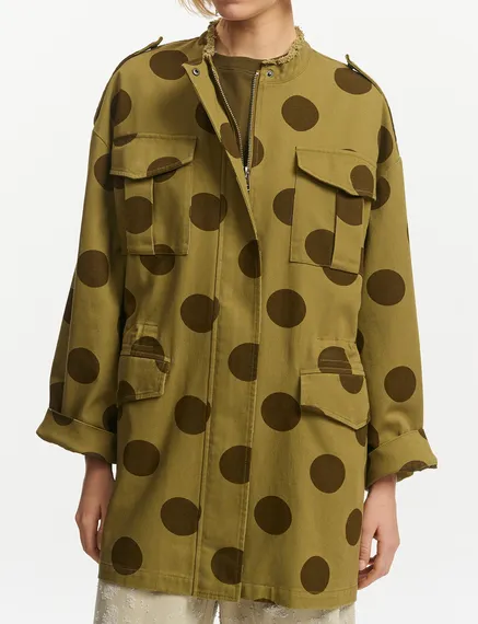 Khaki and brown dotted cotton parka 