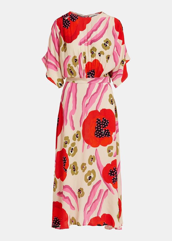 Ecru, red and pink abstract print midi-length dress