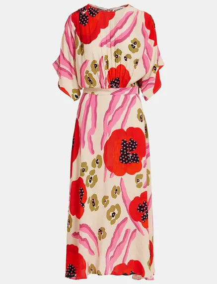 Ecru, red and pink abstract print midi-length dress