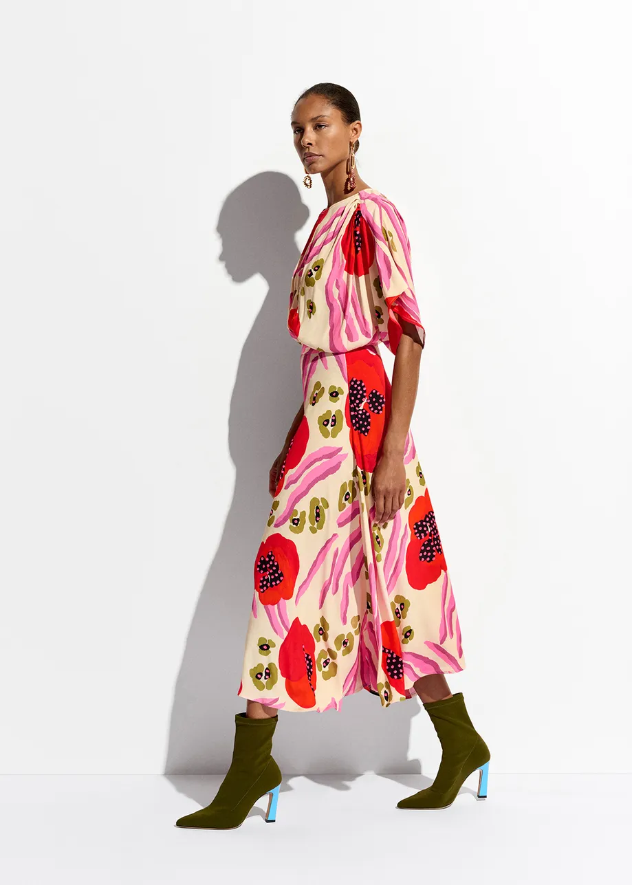 Ecru, red and pink abstract print midi-length dress