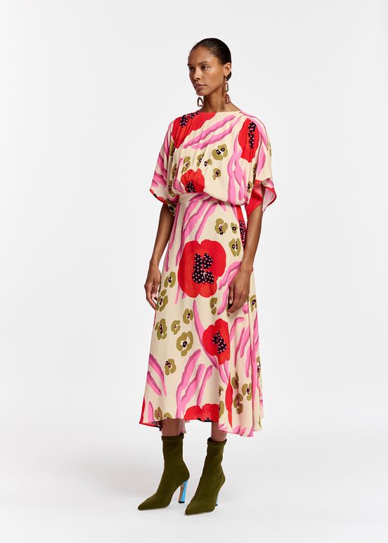 Ecru, red and pink abstract print midi-length dress