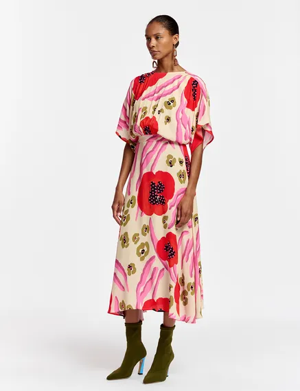 Ecru, red and pink abstract print midi-length dress