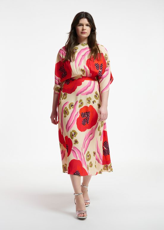 Ecru, red and pink abstract print midi-length dress