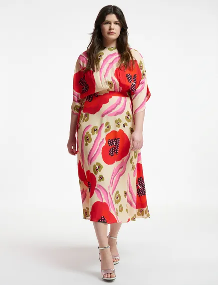 Ecru, red and pink abstract print midi-length dress