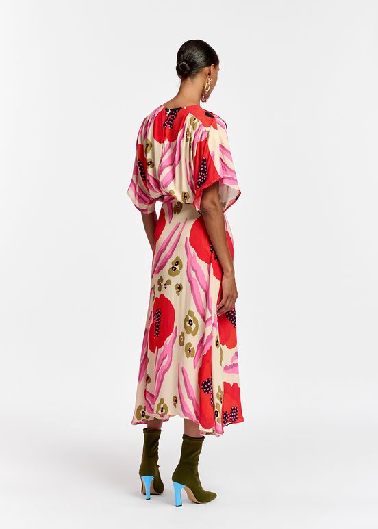 Ecru, red and pink abstract print midi-length dress