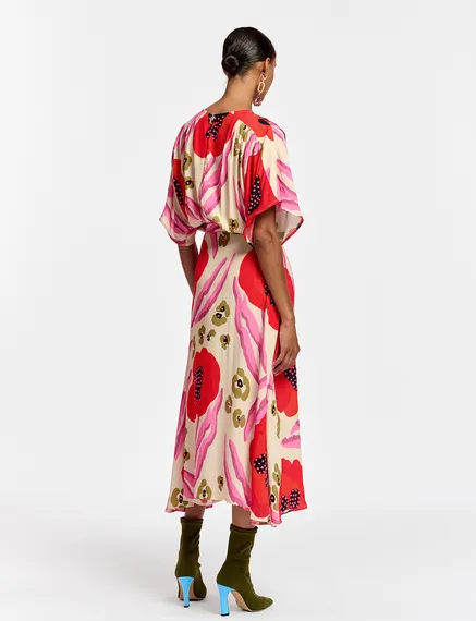 Ecru, red and pink abstract print midi-length dress