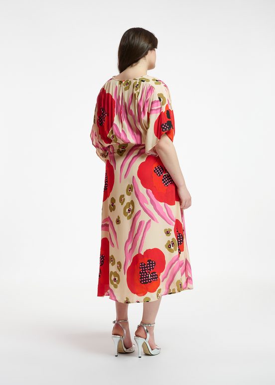 Ecru, red and pink abstract print midi-length dress