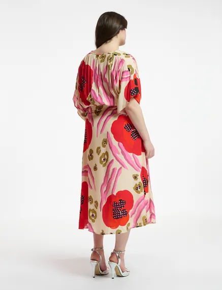 Ecru, red and pink abstract print midi-length dress