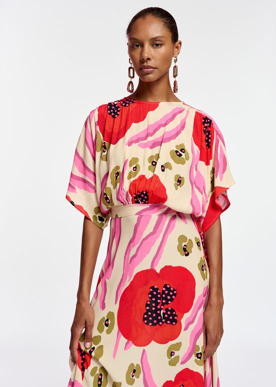 Ecru, red and pink abstract print midi-length dress