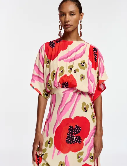 Ecru, red and pink abstract print midi-length dress