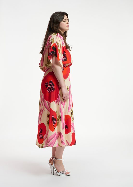 Ecru, red and pink abstract print midi-length dress