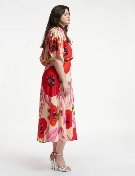 Ecru, red and pink abstract print midi-length dress