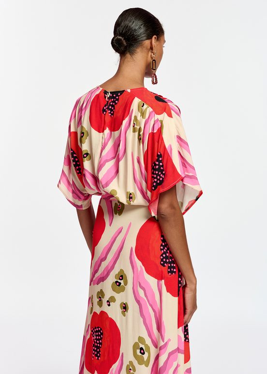 Ecru, red and pink abstract print midi-length dress