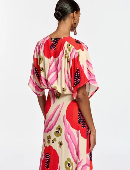 Ecru, red and pink abstract print midi-length dress