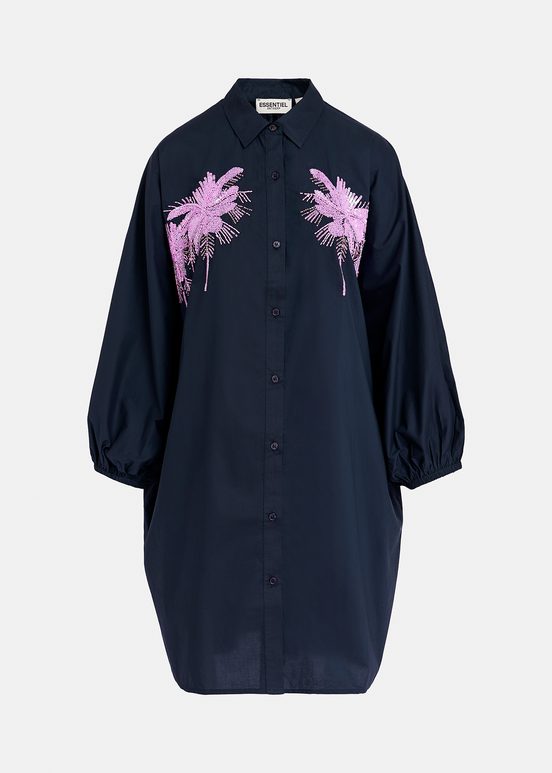 Navy blue cotton mini shirt dress with embroidery