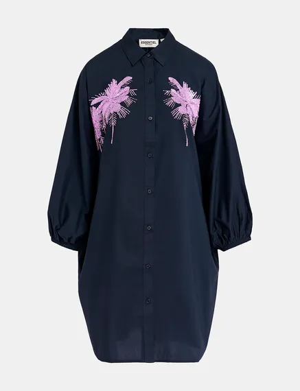 Navy blue cotton mini shirt dress with embroidery