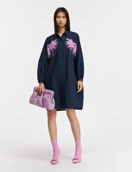 Navy blue cotton mini shirt dress with embroidery