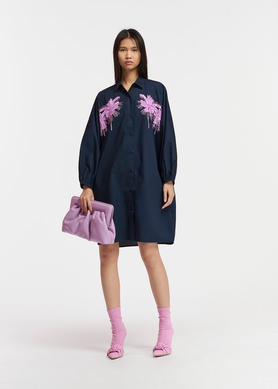 Navy blue cotton mini shirt dress with embroidery