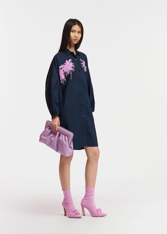 Navy blue cotton mini shirt dress with embroidery