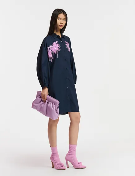 Navy blue cotton mini shirt dress with embroidery