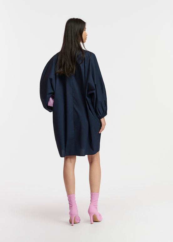 Navy blue cotton mini shirt dress with embroidery