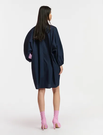 Navy blue cotton mini shirt dress with embroidery