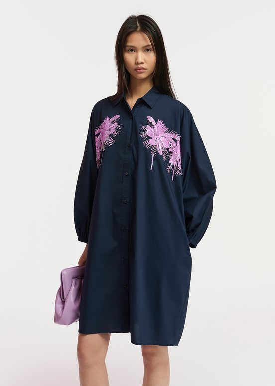 Navy blue cotton mini shirt dress with embroidery