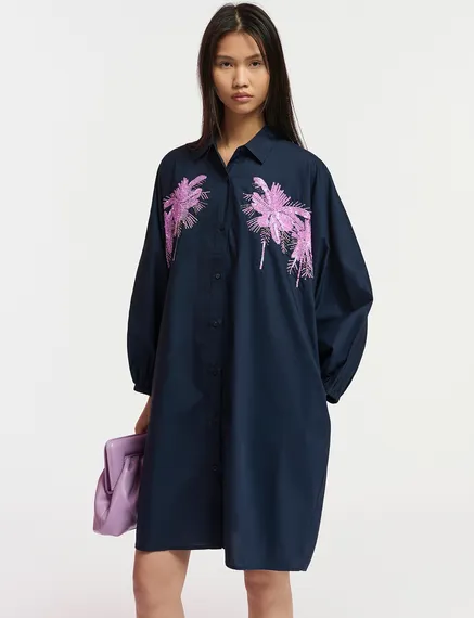 Navy blue cotton mini shirt dress with embroidery