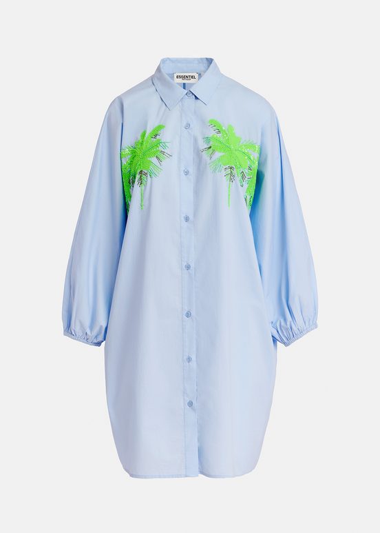 Light blue cotton mini shirt dress with embroidery