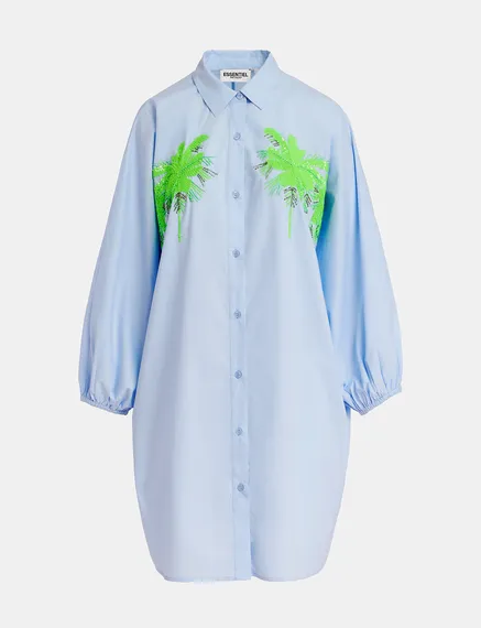 Light blue cotton mini shirt dress with embroidery