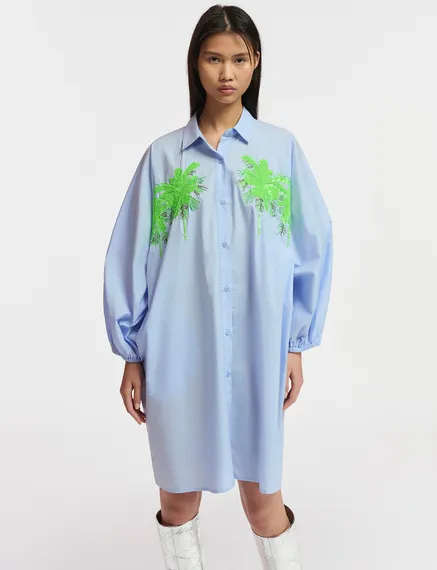 Light blue cotton mini shirt dress with embroidery