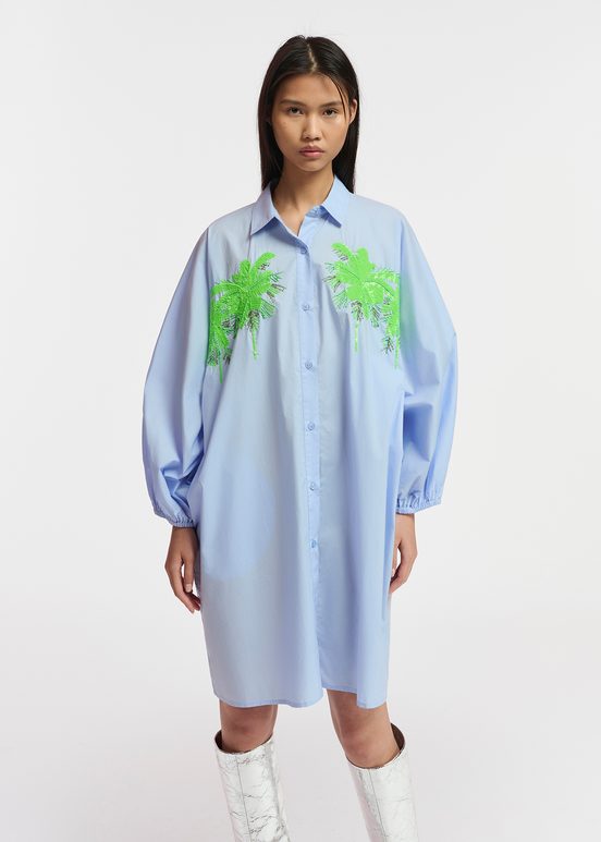 Light blue cotton mini shirt dress with embroidery